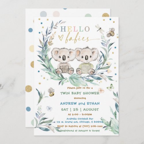 Editable Koala Twin Boy Shower Invitation