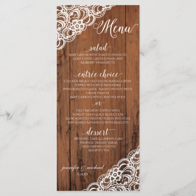 EDITABLE LACE COLOR Rustic Wood Wedding Menu (Front)