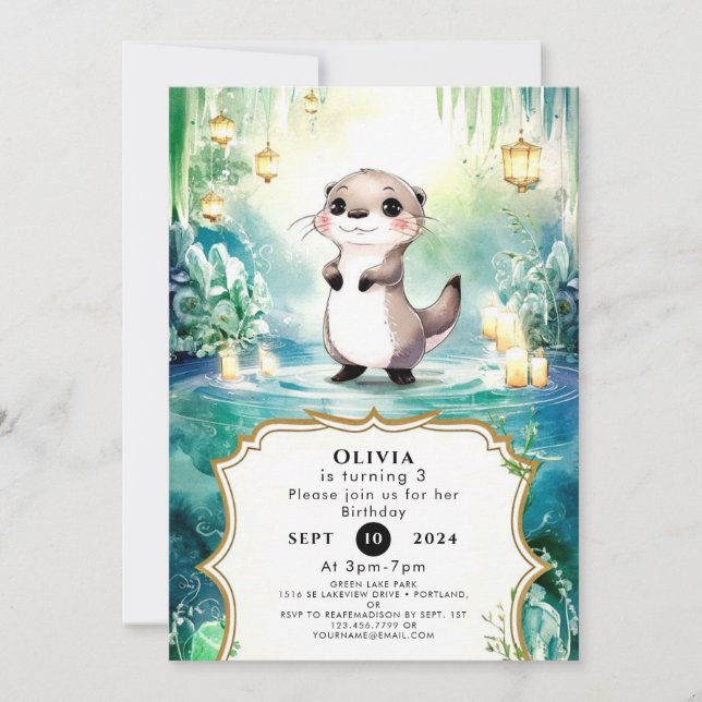 Editable Lake Otter Birthday Invitation (Front)