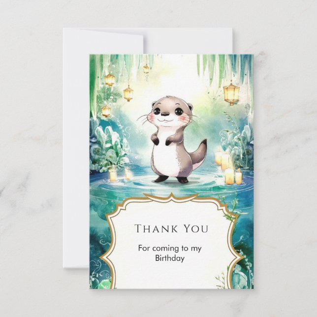 Editable Lake Otter Birthday Thank You Card (Front)