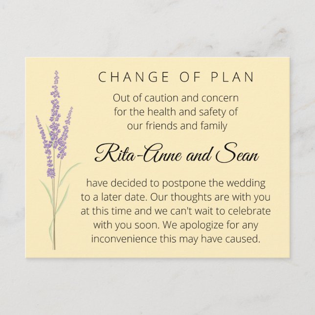 Editable Lavender Wedding Change of Plan Postcard (Front)