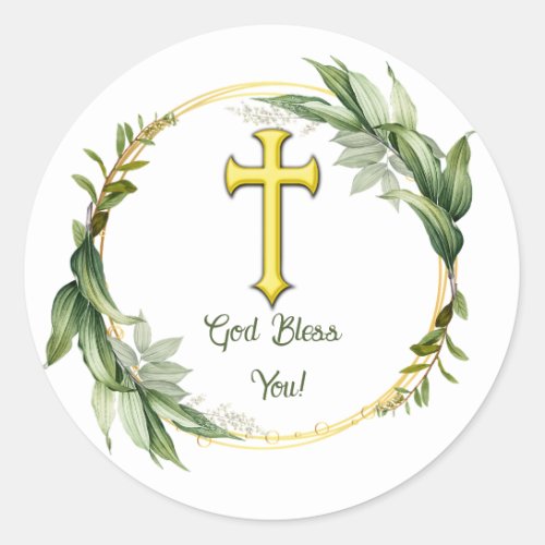 Editable Leaf Wreath and Cross God Bless You Classic Round Sticker