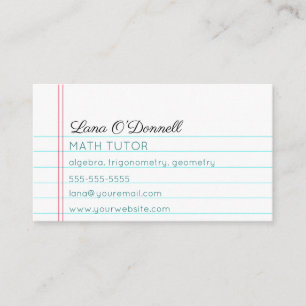 Editable Lined Notebook Paper Tutor Business Card
