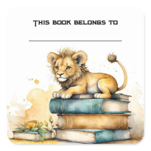 Editable Lion and Books Bookplate Sticker