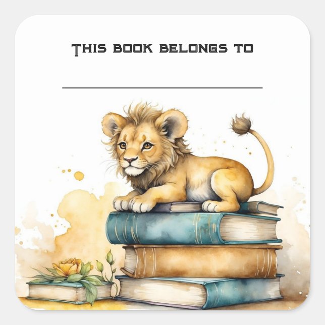 Editable Lion and Books Bookplate Sticker (Front)