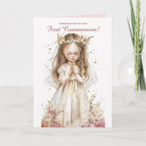 Editable Little Girl Praying First Communion Card