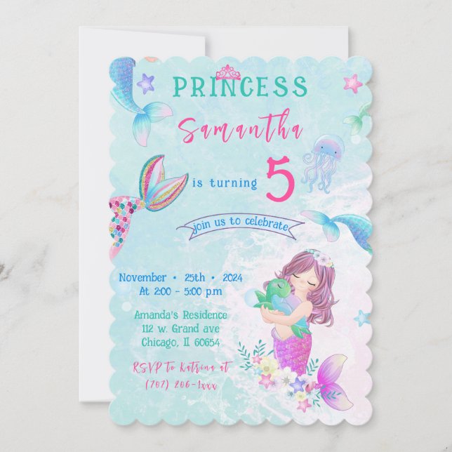 Editable Little Mermaid Birthday Invitation (Front)
