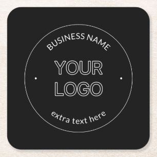 Editable Logo Replacement & Business Name Black Square Paper Coaster