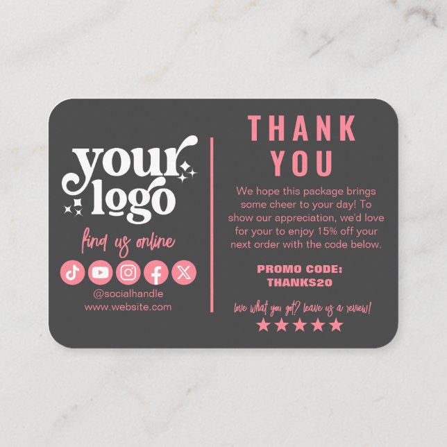 Editable Logo Retro Pink Gray Thank You Package Enclosure Card (Back)