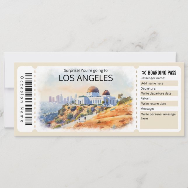 Editable Los Angeles Plane ticket, LA Trip Invitation (Front)