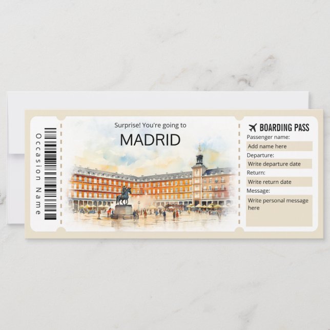Editable Madrid Boarding Pass Spain Plane ticket  Invitation (Front)