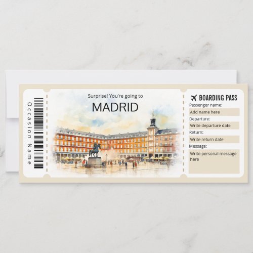 Editable Madrid Boarding Pass Spain Plane ticket  Invitation