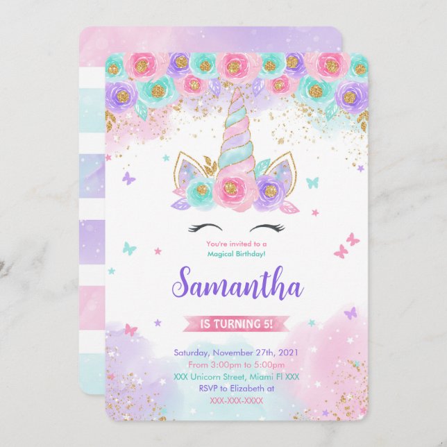 Editable Magical Unicorn Birthday Invitation  (Front/Back)