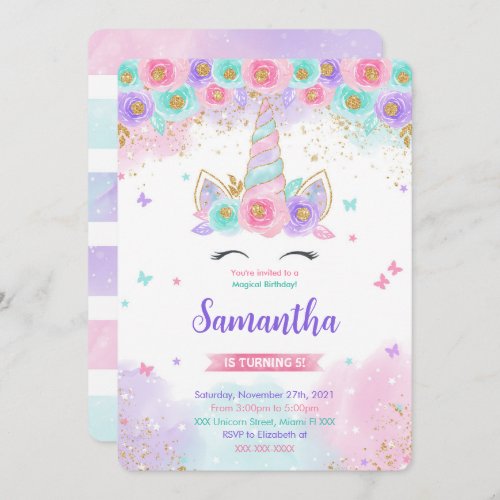 Editable Magical Unicorn Birthday Invitation 