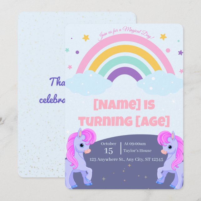 Editable Magical Unicorn Birthday Invitation (Front/Back)