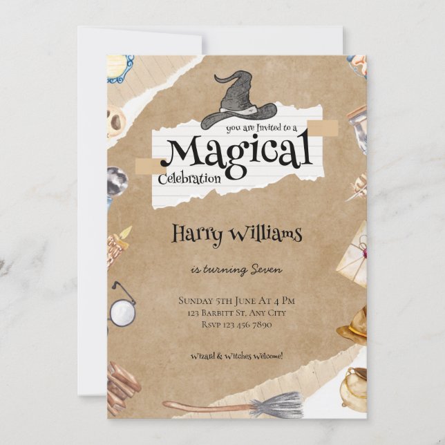 Editable Magical Wizard Birthday Party Invitation (Front)