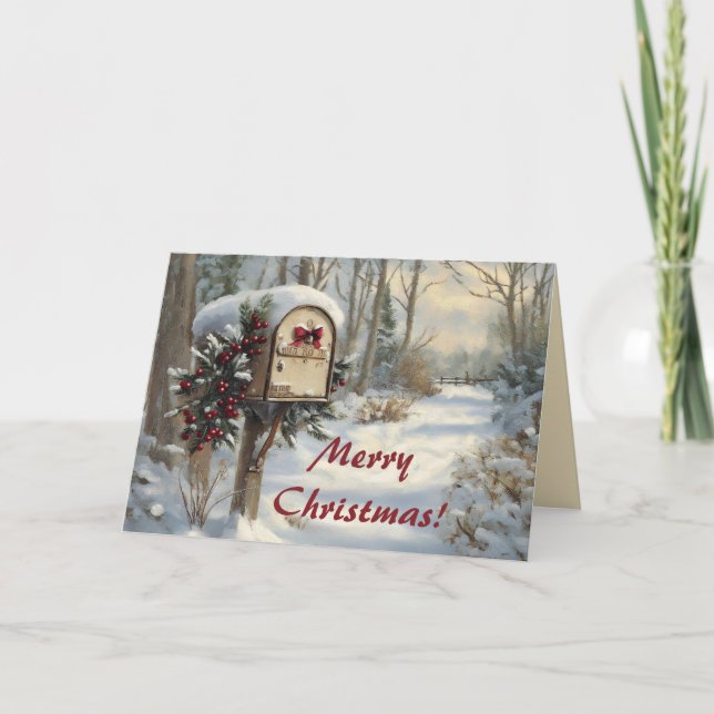 Editable Mailbox on a Winter Rural Road Christmas Card (Front)
