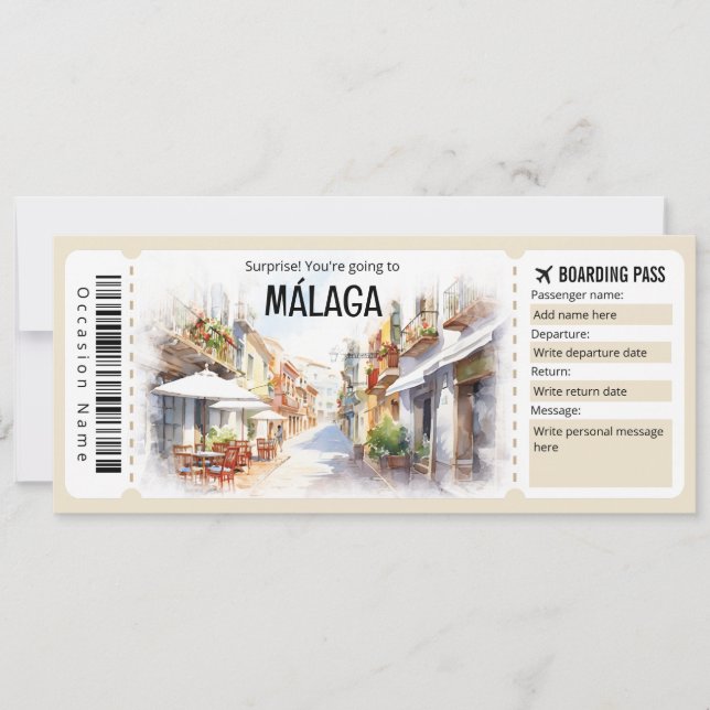 Editable Malaga Boarding Pass Plane ticket Invitation (Front)