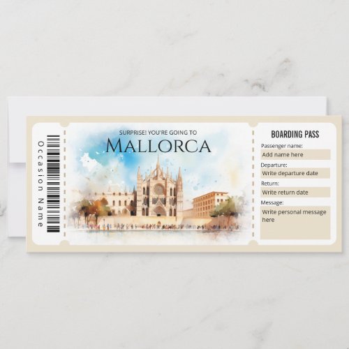 Editable Mallorca Plane Boarding Pass Ticket Invitation