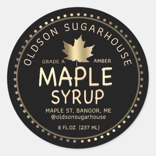 Editable Maple Syrup Gold Maple Leaf on Black Classic Round Sticker
