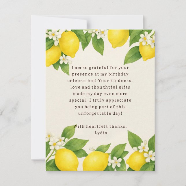Editable Mediterranian Limoncello Birthday  Thank You Card (Front)