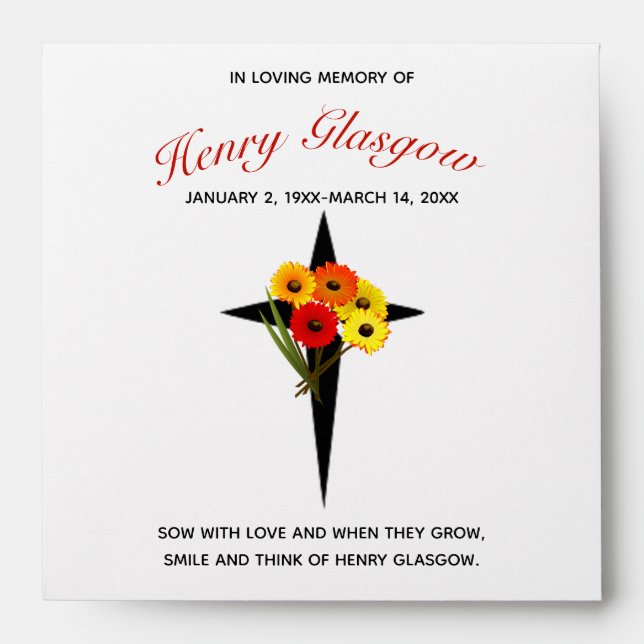 Editable Memorial Cross and Flower Bouquet Seeds   Envelope (Front)