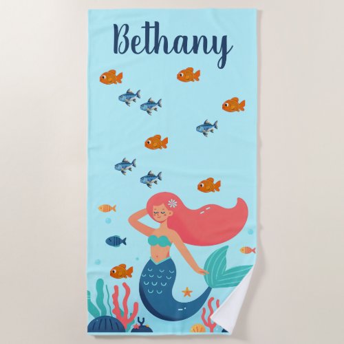 Editable Mermaid and Fish Beach Towel