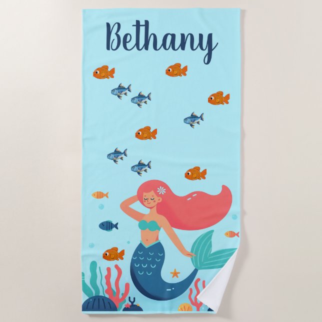 Editable Mermaid and Fish Beach Towel (Front)
