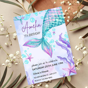 Editable Mermaid Birthday Invitation Pink Mermaid