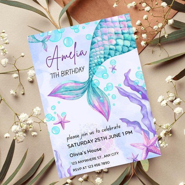 Editable Mermaid Birthday Invitation Pink Mermaid  (Creator Uploaded)
