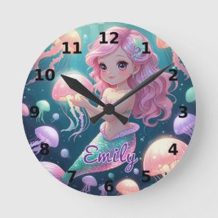 Editable Mermaid & Jellyfish Wall Clock