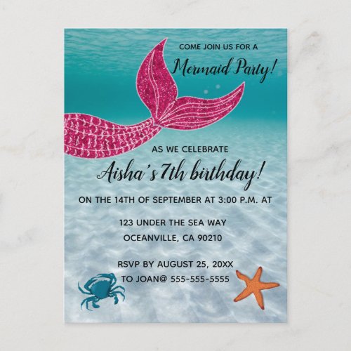 Editable Mermaid Tail in the Ocean Birthday  Invitation Postcard