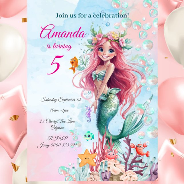 Editable Mermaid Under The Sea Birthday Invitation (Personalized Watercolor Mermaid Birthday Invitation – Pink & Blue Whimsical Ocean Party

)