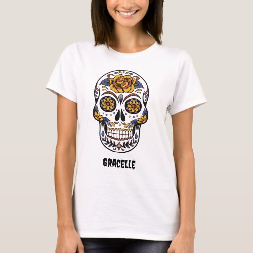 Editable Mexican Day of the Dead Skull and Name  T_Shirt