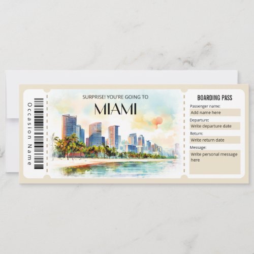 Editable Miami Plane Boarding Pass Ticket Invitation