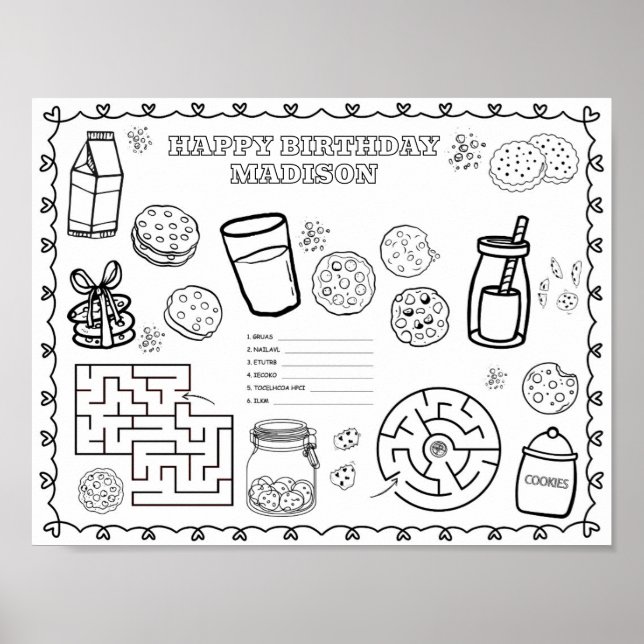 Editable milk cookies Birthday coloring mat  Poster (Front)