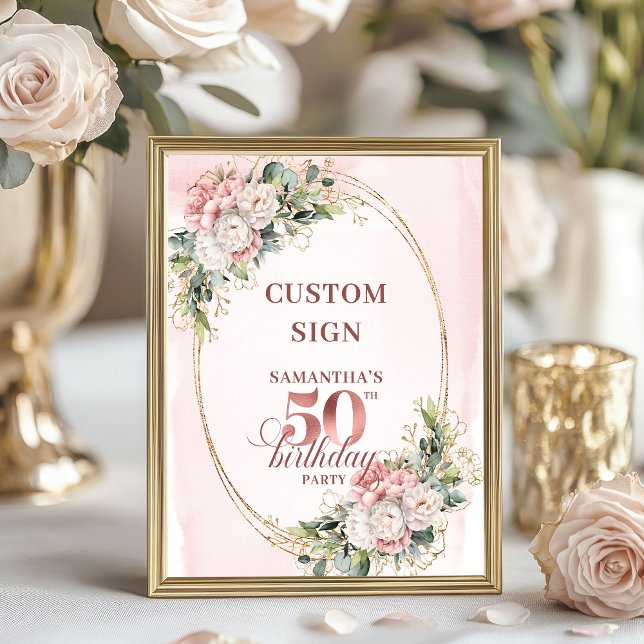 Editable Minimal Blush Botanical 50 Birthday 8x10 Poster (Editable Minimal Blush Botanical 50th Birthday 8x10 Sign)