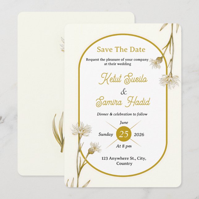 Editable Minimalist Gold Botanical Wedding Invite (Front/Back)