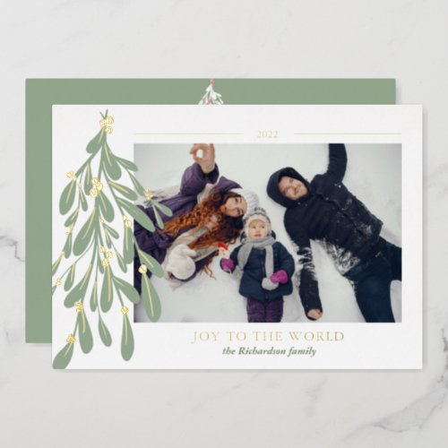 Editable mistletoe Joy script Christmas photo Foil Holiday Card