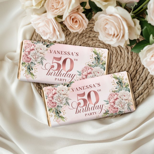 Editable Modern Blush Greenery 50 Birthday Hershey Bar Favors (Editable Modern Blush Greenery 50th Birthday Hershey Bar)