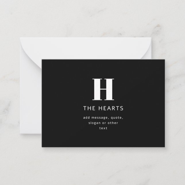Editable Modern Monogram Name & Message | Black Note Card (Front)