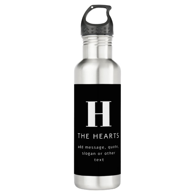 Editable Modern Monogram Name & Message | Black Stainless Steel Water Bottle (Front)