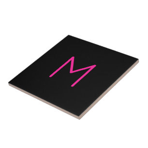 Editable Modern Pink & Black Monogram Ceramic Tile