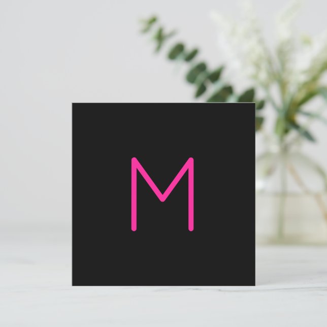 Editable Modern Pink & Black Monogram Note Card (Standing Front)