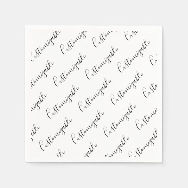 Editable Modern Scrip Text Pattern | Black & White Napkins (Front)