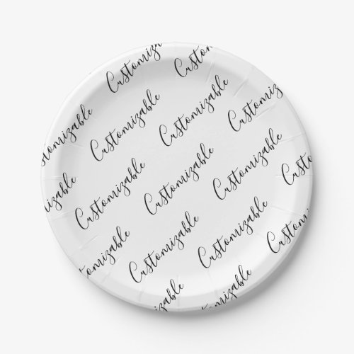 Editable Modern Scrip Text Pattern  Black  White Paper Plates