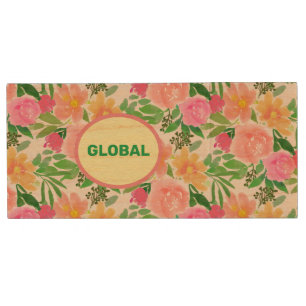 Editable modern watercolor pink flowers wood flash drive