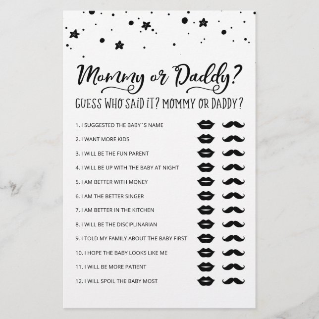 Editable Mommy or Daddy Baby Shower party game (Front)