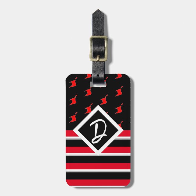 Editable - Monogram Initial Red White Black Luggage Tag (Front Vertical)