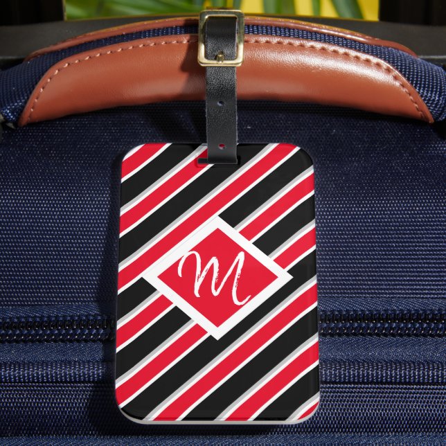 Editable - Monogram Initial Red White Black Luggage Tag (Front Insitu 2)